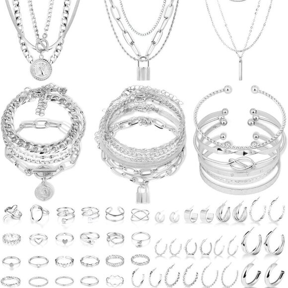 Gold Jewelry Set - Trendy Multi Layer Necklace & Bracelets with Earrings and Rin - Picture 1 of 7